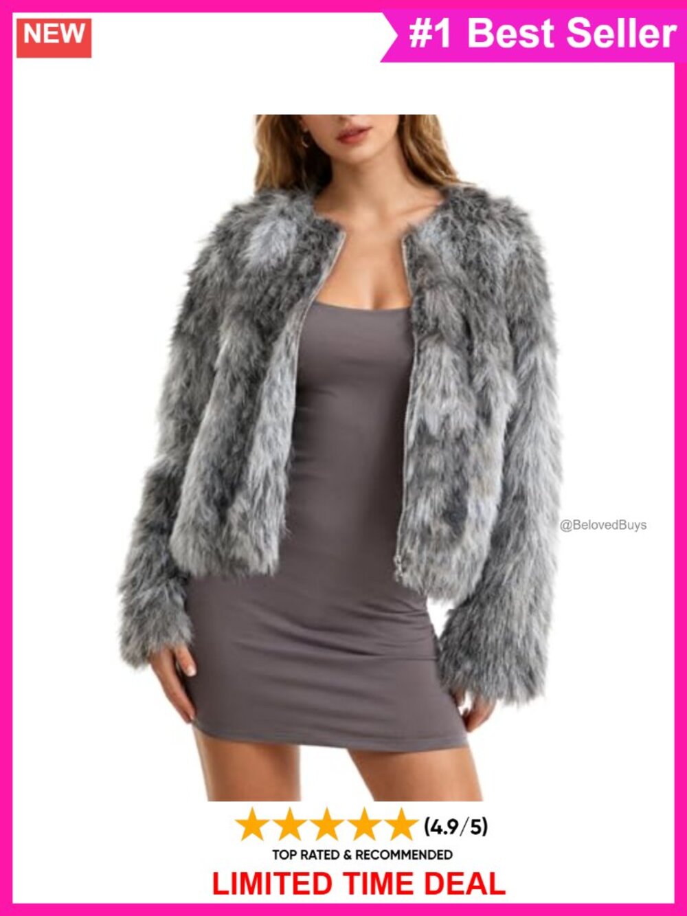 Faux Fur Long Sleeve Zip Up Winter Coat Relaxed Fit
